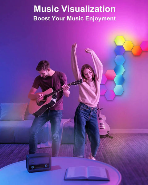 Two people enjoying music with Lit RGB Hexagon LED Panel Lights For Wall illuminating the room, enhancing ambiance.