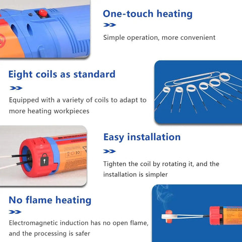 Garage Ready Shop Rated Flameless Induction Heater 1100W with eight interchangeable coils showing easy installation features.