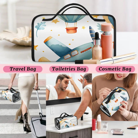 Travel Makeup Bag For Women With Hangable Roll Up Organizer And Four Removable Compartments shown with travel essentials
