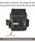 Front view of 10 Pocket Electrician's Tool Pouch Built From Full Grain Oiled Leather, Heavy Duty Construction with side loop