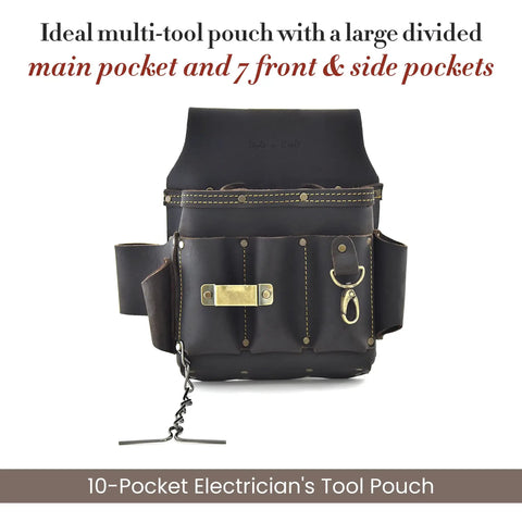 Front view of 10 Pocket Electrician's Tool Pouch Built From Full Grain Oiled Leather, Heavy Duty Construction with side loop