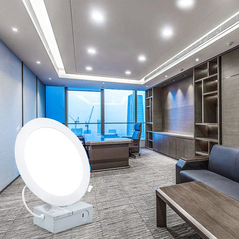Office space featuring Ultra Thin 7 Inch LED Recessed Ceiling Light With Junction Box 6000K Cool White 18W 1500 Lumens High Brightness.