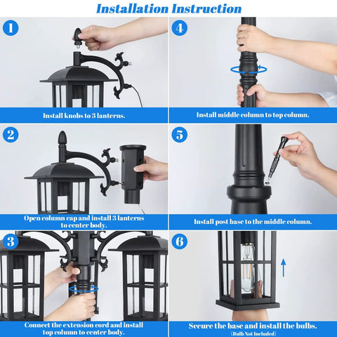 Installation instructions for Triple-Head Outdoor Lamp Post Light 78 Inch Weatherproof Exterior Street Light With Triple Clear Glass Shades.