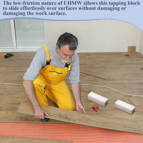 Man using UHMW Solid Plastic Block, White Polyethylene, 7.9 x 2.4 x 2.4 Inches, Heavy Duty Tapping Block for Wood Flooring