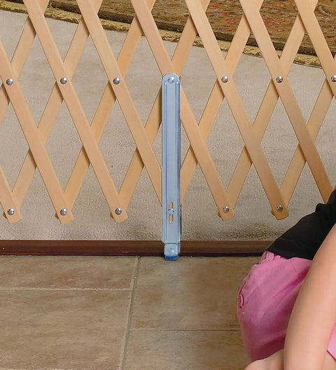 Wood Expansion Pet Gate For Stairs And Open Layout Homes, 108-Inch Reach, adjustable, close-up of latch and wood design, floor view.