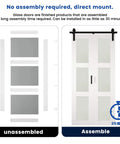 Frosted Glass Bifold Barn Door 36in x 84in with hardware kit showing unassembled and assembled views for easy installation.