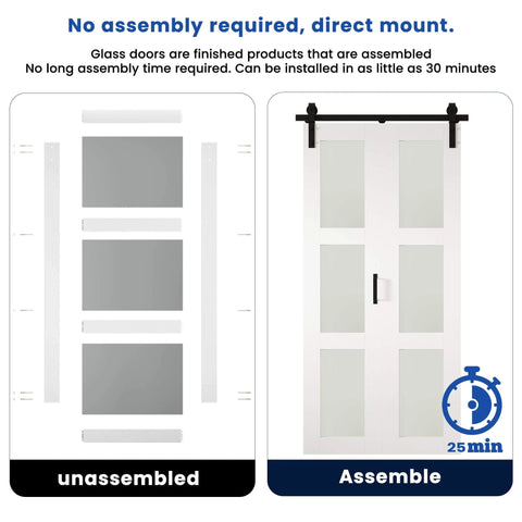 Frosted Glass Bifold Barn Door 36in x 84in with hardware kit showing unassembled and assembled views for easy installation.