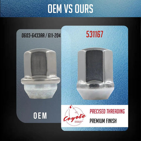 Comparison of OEM and Coyote 531167 chrome lug nuts, 0603-6433AA 611-204 replacement with OEM Style Lug Nuts Set 20 Pcs