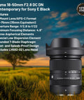 Sigma 18-50mm F2.8 DC DN Contemporary lens with Sony E mount, landscape background highlighting product features.