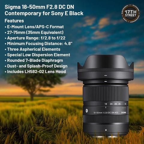 Sigma 18-50mm F2.8 DC DN Contemporary lens with Sony E mount, landscape background highlighting product features.