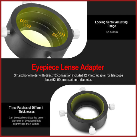 Universal T2 Camera Photo Adapter For Telescope And Spotting Scope Eyepieces 52 To 59mm showing locking screws and eyepiece view