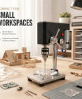 Image of Mydymx Benchtop Mini Drill Press Multi Function Milling Tool Adjustable Precision Workshop Machine For Wood Metal And Plastic Diy Crafts Stable Platform on workbench, showcasing compact design.