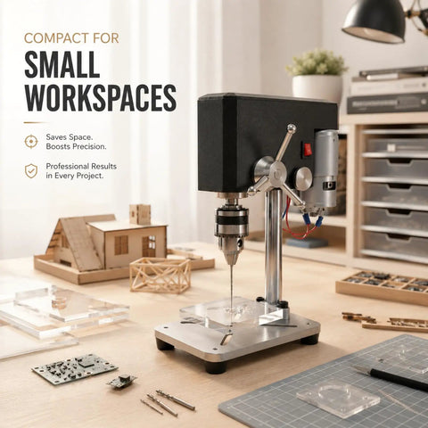Image of Mydymx Benchtop Mini Drill Press Multi Function Milling Tool Adjustable Precision Workshop Machine For Wood Metal And Plastic Diy Crafts Stable Platform on workbench, showcasing compact design.