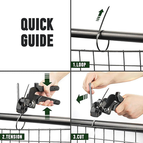 Quick guide showing assembly with Stainless Steel Cable Tie Gun With 200 Heavy Duty 304 Stainless Zip Ties for fence repair.