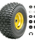 Nuphtun 15x6.00-6 Lawn Mower Tire And Wheel Assembly With Yellow Hubs, Perfect Pre-Mounted Upgrade Kit For Easy Push Mowers Featuring Iron Bushings And Secure Bearings. Black tread tire with yellow hub, bearings, washers, spacers, and cotter pin.