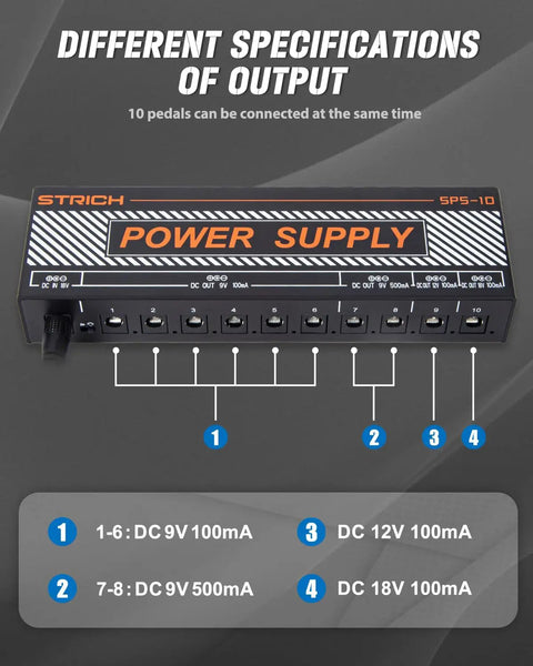 Guitar Pedal Power Supply With 10 Independent DC Outputs For 9V 12V And 18V Effects 100mA And 500mA Per Output Short Circuit Protection