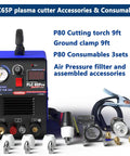 65 Amp Pro Grade Plasma Cutter With Dual Voltage 110V And 220V Inverter IGBT Power Non Touch Pilot Arc HF Air Start LED Digital Display Clean Cut Capability For Stainless And Alloy Steel Up To 0.8 Inch Thick, including accessories like P80 cutting torch, ground clamp, and consumables.
