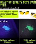 Comparison of pet urine visibility with and without uvBeast glasses using V2 Black Light UV Flashlight With High Definition Beam And Flood Effect 385-395nm Ultraviolet Torch For Commercial And Domestic Use, Works In Ambient Light, USA Stock, Sleek UK Design, Built Like A Boss