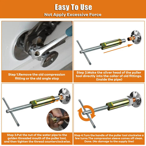 Step-by-step use of Go-To Sleeve Puller Tool For 1/2 Inch Compression Fittings, Removes Nut And Ferrule Without Wall Damage