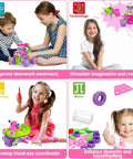 Children playing with Pink Kid Friendly Education Building Set For Girls Ages 4 To 10 With 14 Ways To Play Build Cars Planes Robots