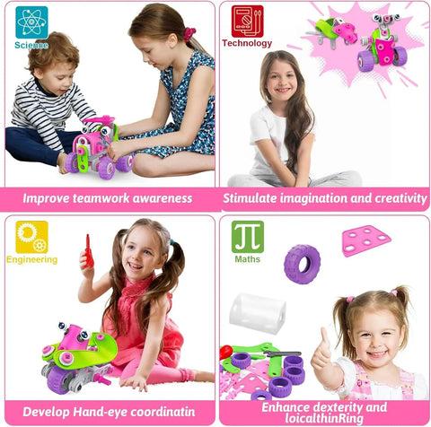 Children playing with Pink Kid Friendly Education Building Set For Girls Ages 4 To 10 With 14 Ways To Play Build Cars Planes Robots