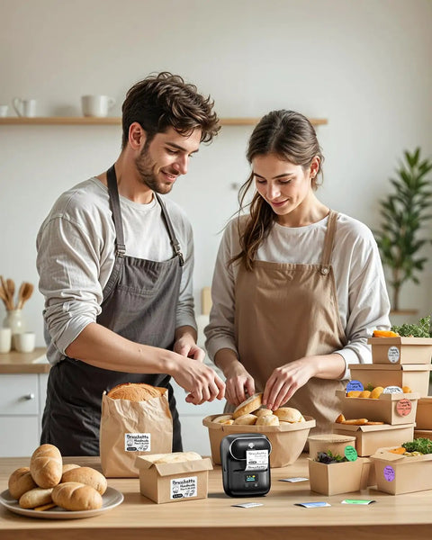 Bluetooth Portable Label Printer For Small Biz Fast Thermal Label Maker For Barcodes Addresses Clothing Pricing Mail Jewelry Cables And More on a kitchen counter with bread and labeled boxes.