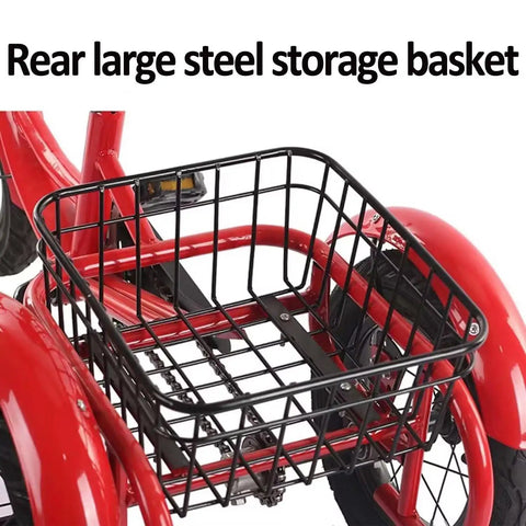 Three Wheel Kid Friendly Tricycle With Pneumatic Rubber Tires Pedals Single Brake Height Adjustable Saddle And Handlebar Cruiser Trike With Large Front Basket Durable Steel Frame Red 12 Inch featuring large rear steel storage basket