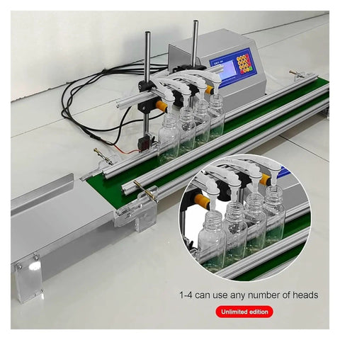 Straight Up Automatic Four Head Liquid Filling Machine And Zero Hassle Bottle Filler Conveyor Belt Kit with bottles on conveyor.