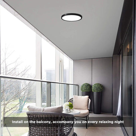 No Fuss Flush Mount LED Ceiling Light 18W 5000K Daylight on modern balcony with outdoor seating