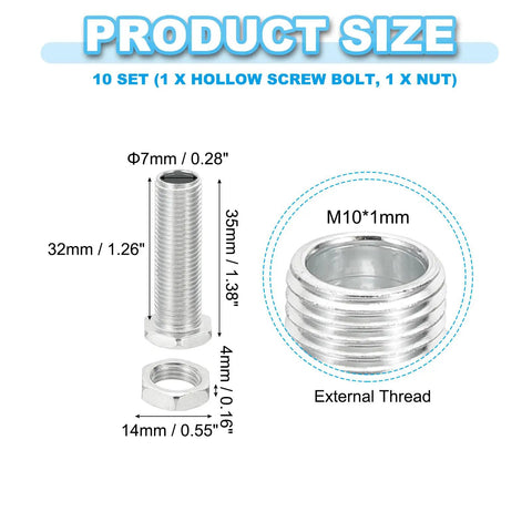 10-Piece M10x35mm Hex Bolts And Nuts Kit For Through-Hole Installs, Fine Thread Hollow Screws, Chandelier Fasteners diagram