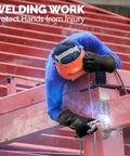Person welding with Six Pair Black Industrial Rubber Gloves 14 Inch Large Chemical Acid Oil Alkali Resistant Heavy Duty Waterproof Hand Shields.