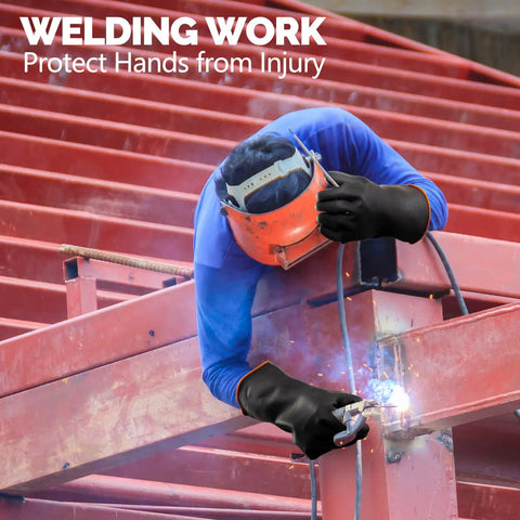 Person welding with Six Pair Black Industrial Rubber Gloves 14 Inch Large Chemical Acid Oil Alkali Resistant Heavy Duty Waterproof Hand Shields.