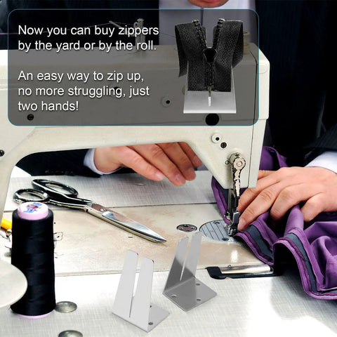 Two Pack Pro Grade Stainless Steel Zipper Jig Tool Set For Quick Zipper Slider Replacement next to sewing machine