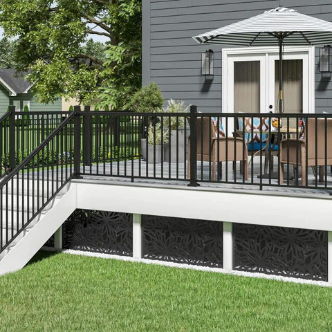 Decorative screen panel with 1.5 inch border for a picture frame look, made from glass filled polypropylene that is UV stable and scratch resistant, mounted horizontally under a deck.