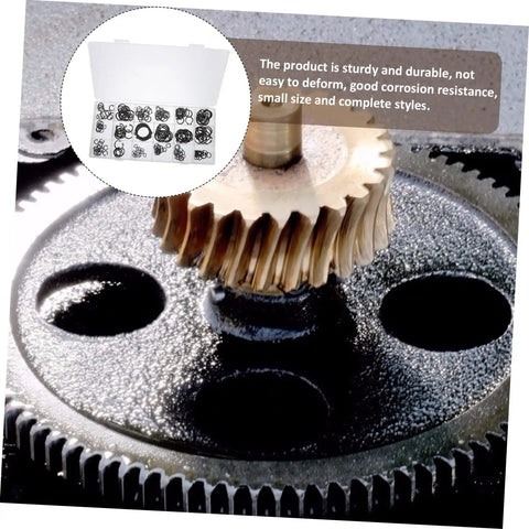 Gear with inset image of 225-Piece Carbon Steel C-Shape Snap Ring Kit With External Retaining Clips For Shafts Durable Heavy-Duty All-Purpose Anti-Deformation Smooth Finish Ideal For Automotive Machinery And DIY Home Shop Projects.