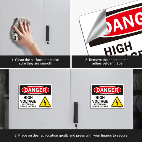 Applying Heavy Duty Danger High Voltage Warning Signs Five Pack Tough As Nails Weatherproof decals to a metal surface.