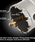 Side view of a 2-inch tungsten carbide hole saw with three-blade design and titanium-plated pilot bit for hard metals
