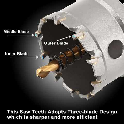 Side view of a 2-inch tungsten carbide hole saw with three-blade design and titanium-plated pilot bit for hard metals