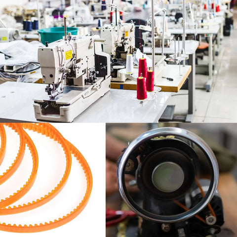 MB350 Triangle V Belt Duo for old school household electric sewing machines with sewing equipment and orange belts visible