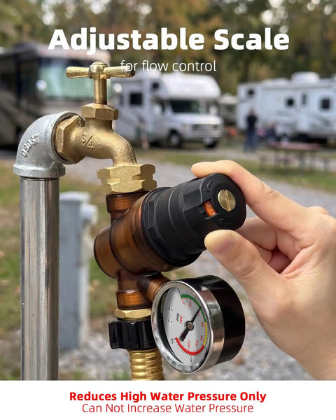 Must-Have RV Water Pressure Regulator With Gauge And Rotatable Dial, Adjustable Camper Water Pressure Reducer With Inlet Screen Filter For Travel Trailers, Protects Plumbing From High Water Pressure on RV hookup with gauge