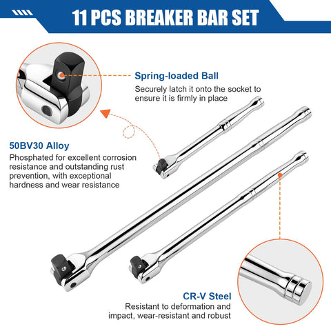 Workhorse Breaker Bar Kit With Rotatable 180 Degree Head showing three chrome-plated bars, 50BV30 alloy description.