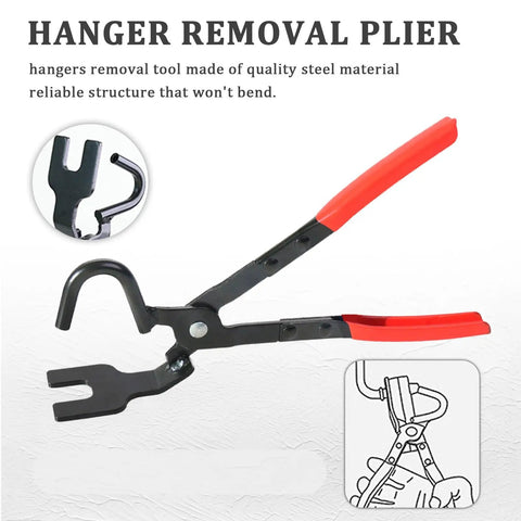 Exhaust Hanger Removal Tool Kit with 2 Four Hole Hangers, Universal Exhaust Hanger Pliers shown with red handles.