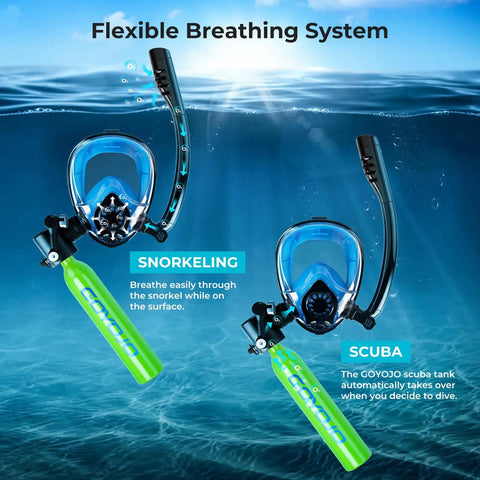 0.5L Portable Scuba Diving Tank With Snorkel Mask Dual Function Full Face Underwater Breathing System Mouthpiece Tank And Mask Connect Tank Air Buddy Duo Pack Kit Green Blue showing flexible breathing system in water.