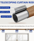 Heavy Duty Adjustable Wood Curtain Rods 1 Inch Diameter 48 to 86 Inches with Imitation Wood Grain Leaf Pattern Finials for Windows No Fuss Install Built to Last Durable and Easy to Set Up for Living Room or Bedroom showcasing telescoping feature and brackets over a window.