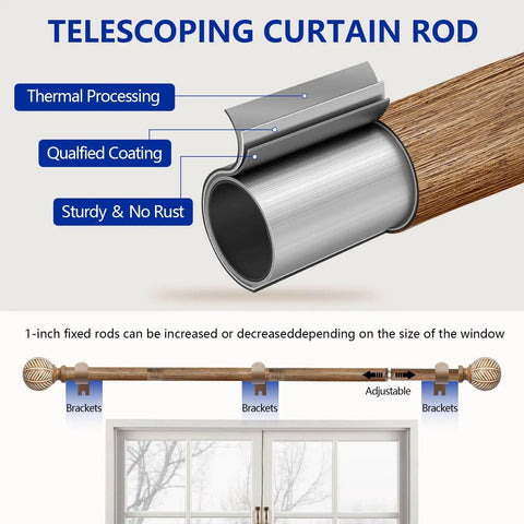 Heavy Duty Adjustable Wood Curtain Rods 1 Inch Diameter 48 to 86 Inches with Imitation Wood Grain Leaf Pattern Finials for Windows No Fuss Install Built to Last Durable and Easy to Set Up for Living Room or Bedroom showcasing telescoping feature and brackets over a window.