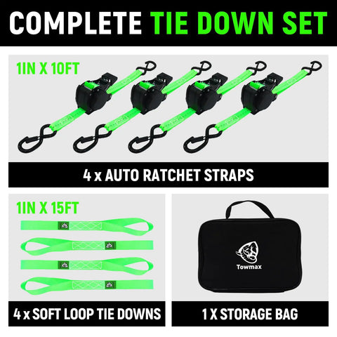 Retractable Ratchet Straps Featuring Control Pull Back System Heavy Duty Self Retracting Cargo Ties For Trucks Easy Top Release Button And Zero Snag Design That Delivers Smooth Operation And Hella Secure Loads Daily complete tie down set with 4 auto ratchet straps and 4 soft loop tie downs in green.