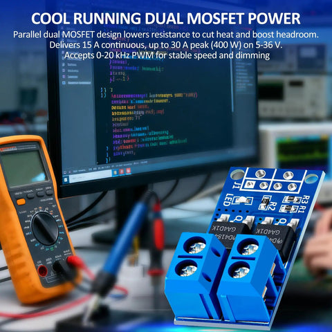 Dual High Power MOSFET Trigger Switch Drive Module with code and multimeter in background