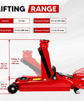 Beefed Up 2.5 Ton Floor Jack With Low Profile Design, 5500 Lbs Capacity, Single Piston Pump, Heavy Duty Steel Hydraulic Jack For Cars Sedans Pickups MPVs, Lifting Range 3.4 To 15.2 Inches, Durable Powder Coated Steel showing lifting range and height