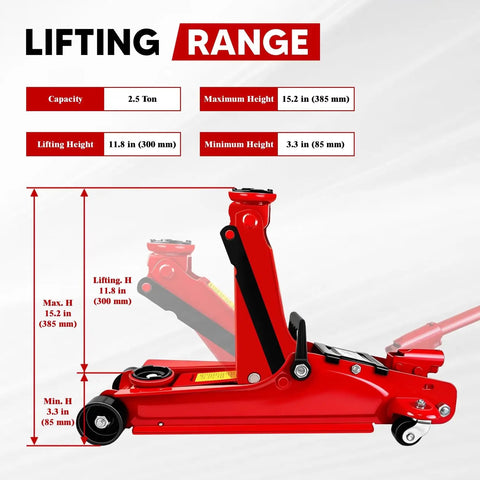 Beefed Up 2.5 Ton Floor Jack With Low Profile Design, 5500 Lbs Capacity, Single Piston Pump, Heavy Duty Steel Hydraulic Jack For Cars Sedans Pickups MPVs, Lifting Range 3.4 To 15.2 Inches, Durable Powder Coated Steel showing lifting range and height