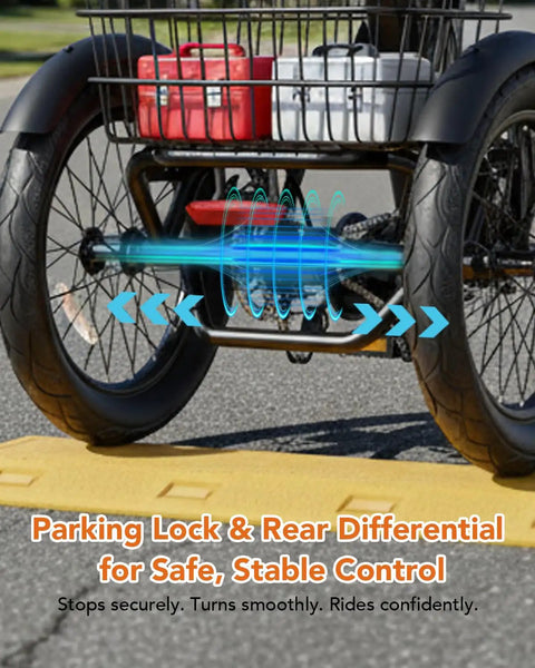 Beast 1200W Folding Electric Trike For Adults With Removable 48V 10.4Ah Battery, 3 Wheel E Bike With 20 Inch Tires, rear wheel and cargo basket